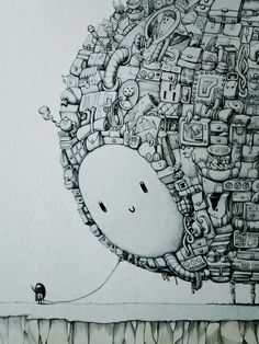 a drawing of a head with many objects on it