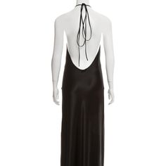 Black A.O.T.C. Satin Halter Maxi Dress Featuring Tonal Stitching Throughout, Distressed Trims Throughout And Halter Ties At Neck. Details Bust: 31.5" Waist: 36" Hip: 40.5" Length: 64.25" Fabric: 76% Triacetate, 24% Polyester; Combo 100% Silk Black Silk Evening Dress With Back Opening, Black Silk Dress Bias Cut For Evening, Black Silk Bias-cut Evening Dress, Black Silk Bias Cut Evening Dress, Black Silk Bias Cut Dress For Evening, Black Silk Backless Evening Dress, Black Silk Bias Cut Cocktail Dress, Black Bias Cut Maxi Dress For Date Night, Black Maxi Dress With Bias Cut