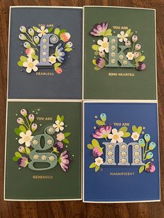 four greeting cards with flowers and the letter k on them, all in different colors