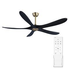 a ceiling fan with a remote control attached to it