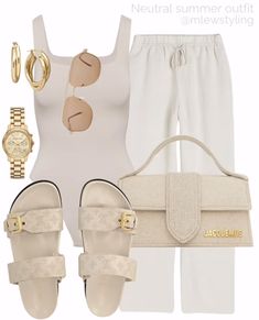 Neutral Summer Outfits, Beige Bodysuit, Gold Aviator Sunglasses, Louis Vuitton Sandals, Looks Chic, Cute Everyday Outfits, Baddie Outfits Casual