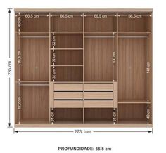 the measurements for an open closet with drawers and shelves on each side, including two doors