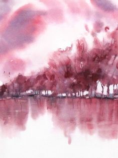 a watercolor painting of trees on the edge of a body of water with red clouds in the background