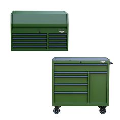 two green tool cabinets with drawers on each side and the same drawer on the other