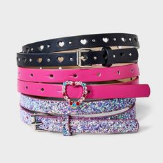 Add a touch of style to their ensemble with the Girls' 3pk Heart Belt Set - Cat & Jack™. This set comes in a pack of three belts, each showcasing heart patterns and colors. With adjustable lengths, they can be easily tailored to fit different waist sizes for a comfortable and secure fit. Let your child flutter with style with this heart belt set. Cat & Jack™: Designed for all children so you can trust it's made for yours. Heart Belt, Rainbow Belts, Scene Accessories, Belt Pack, Goth Scene, Elastic Hair Ties, Shorts Women, Kids Outfits Girls, Denim Shorts Women