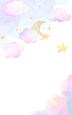 the sky with stars and clouds is painted in pastel pink, yellow and blue