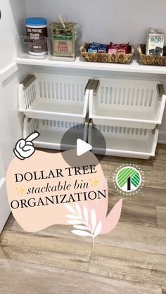 the dollar tree sticker is on the floor in front of an organized pantry area