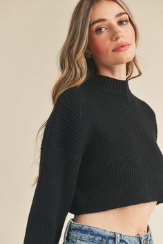 long sleeve ribbed cropped sweater 3 colors Cropped Black Sweater Outfit, Cropped Black Sweater, Sequence Jacket, Black Crop Sweater, Black Sweater Outfit, Black Cropped Sweater, Mesh Turtleneck, Long Sleeve Design, Dusty Purple