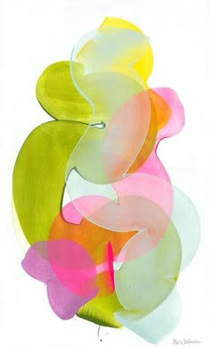 an abstract painting with different colors and shapes on white paper, including pink, green, yellow, and orange