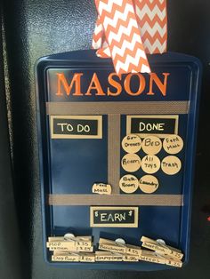 a bulletin board with instructions for mason to do and other things on it that are attached to the wall