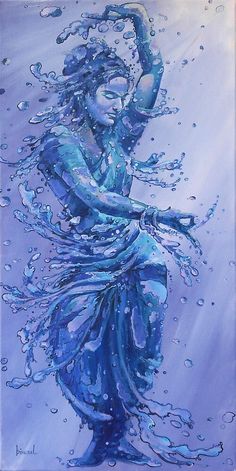 a painting of a woman with her arms in the air, surrounded by water droplets