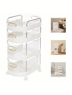 three tiered plastic storage rack with drawers and handles on each side, in front of a white background