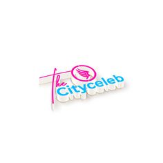 the city celeb logo is shown in pink and blue on a white background