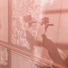 the shadow of a person holding flowers in front of a wall with wooden paneling