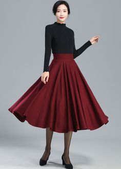 "DETAILS: * 30% wool, 30% fiber, 40% polyester * fully satiny liner * Two side pockets * back zip closure * pleated skirt, circle skirt * High waist skirt * below the knee skirt * Perfect for Winter, autumn * Lean More about the items From the FAQs on the page bottom * The model is 170 cm (5′ 7″) tall with a 80 cm (31.5\") bust, 66 cm (26\") waist. She is wearing the burgundy wool skirt in size XS. CUSTOM MADE SERVICE If you * Change other color * Can't find your size in our size Chart * Change Chic A-line Winter Skirt, Elegant Full Pleated Skirt In Solid Color, Stretch A-line Skirt For Fall, Winter Lined Pleated Skirt, Winter Long Pleated Skirt, Winter Solid Color Pleated Maxi Skirt, Winter Long Pleated Skirt In Solid Color, Fitted Full Pleated Skirt In Solid Color, Winter Knee-length Lined Pleated Skirt