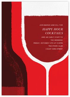 a wine glass and bottle are on the red background for this birthday party invitations card