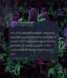 purple flowers with the words, why limit yourself between choosing between a pretty feminine aesthetic or a dark one? if perspone can be the goddess of spring & queen of the