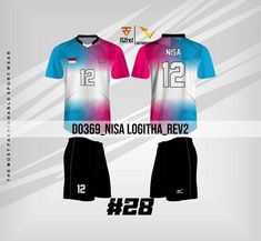 two soccer uniforms with numbers on the front and back, all in pink and blue