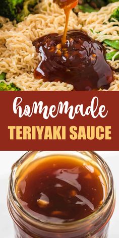 homemade teriya sauce in a jar with broccoli and noodles