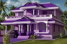 a purple house is shown with palm trees in the background