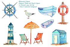 a watercolor drawing of different types of items and things to see on the beach