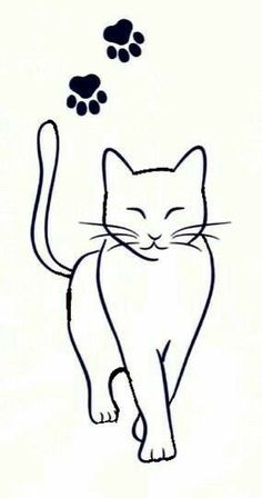 a black and white drawing of a cat with paw prints on it's back