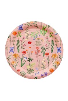 a pink paper plate with colorful flowers on it