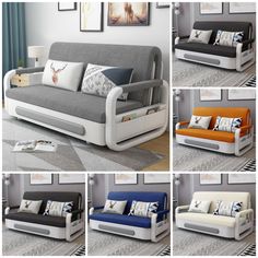 four pictures of different types of couches in various positions and sizes, including one with pillows on it