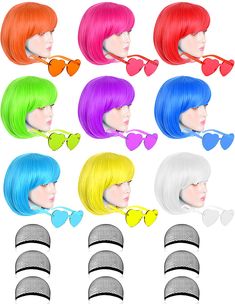 PRICES MAY VARY. 【Wigs + Neon Glasses + Wig Cap】The wig pack is included 9 pcs wigs for women + 9 pcs heart sunglasses + 9 pcs free wig cap, the extra love heart shaped rimless party sunglasses looks fashionable and novelty, making you look more attractive, suitable for most face shapes. They are best neon party decorations 【Premium Wig】The bob wigs are made of polyethylene, each color wigs is woven on an adjustable size mesh cap, breathable, don't worry about that they will do harm to your hair Fun Wigs Party, Neon Wig, Neon Glasses, Neon Party Decorations, Heart Shape Sunglasses, Short Bob Hair, Colorful Wigs, Color Wigs, Wigs Cosplay