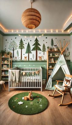 a baby's room decorated in green and white, with a teepee tent