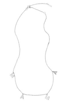 Dangling letter charms make this sweet necklace a lovely pick for your favorite mama. White rhodium plated Mama charm necklace. Spring-ring closure. Approx. 15" length + 3" extender. Approx. 1/4" charms. ImportedAdornia donates 10% of net profit to charities focused on female empowerment Tiny Tags, Mama Necklace, Sweet Necklace, Fun Bracelet, Organic Bath Products, Nameplate Necklace, Perfect Cocktails, Necklace Size, Letter Charms