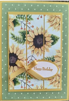 a birthday card with sunflowers on it and a ribbon around the edge that says happy birthday