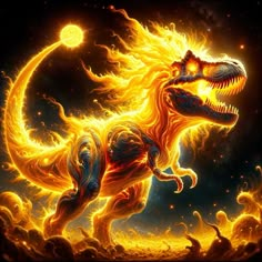 a fire breathing dinosaur in the middle of a dark sky with bright yellow and orange flames