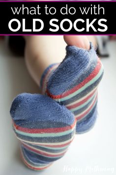 someone wearing socks with the words 12 unique ways to upcycle old socks on them