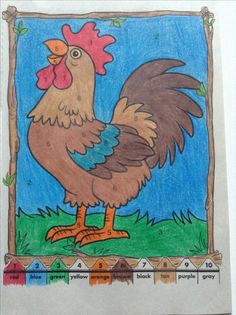 a drawing of a rooster with colored pencils on it's face and legs