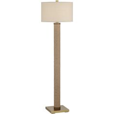 a tall lamp with a beige shade on it's base and a white lampshade