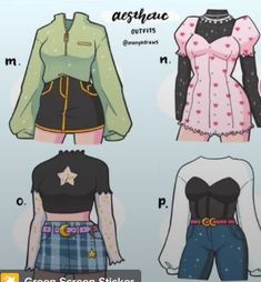 four different types of clothes are shown in this graphic file, with the caption green screen sticker below