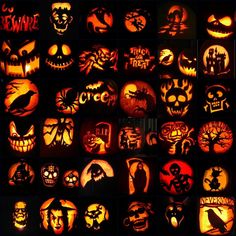 many pumpkins with faces carved into them