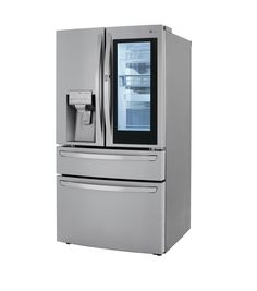 a stainless steel refrigerator with its door open