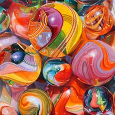 an abstract painting of many different colored objects