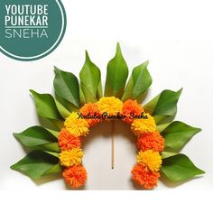 an orange and yellow flower wreath on a white background with the words youtubetue ponekar sneha