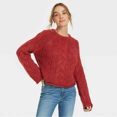 Women's Cable Knit Crewneck Pullover Sweater - Universal Thread Red Size Xs New Without Tag Red Holiday Sweater, Red Crew Neck Sweater, Red Cable Knit Sweater, Womens Henley, Womens Turtleneck, Womens Crewneck, Sweater Brands, Knitting Women Sweater, Pullover Designs