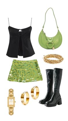 going out club outfit vintage mini skirt saltburn aesthetic inspo Going Out Outfits Unique, Ethereal Club Outfit, Green Clubbing Outfits, Club Outfits 2000s, Colourful Clubbing Outfits, Night Out Inspo Outfit Ideas, Y2k Night Out Outfits, Y2k Club Fashion, Club Classics Outfit