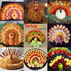 a collage of turkey, grapes, crackers, apples and other food items