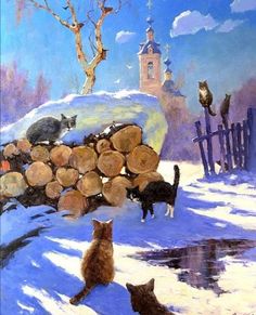 two cats are standing in the snow near logs