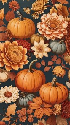 a painting of pumpkins, flowers and leaves on a black background with blue sky in the background