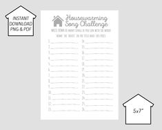 the housewarming song challenge printable is shown next to it's measurements