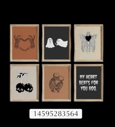 four framed pictures with different types of halloween art on them, and the words my heart beats for you boo