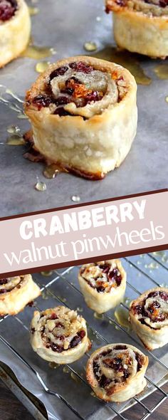 cranberry walnut pinwheels on a baking sheet with text overlay that reads, cranberry walnut pinwheels