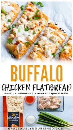 buffalo chicken flatbread recipe with text overlay